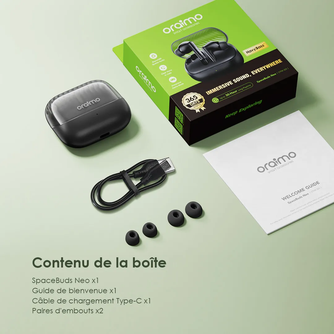 oraimo SpaceBuds Neo OTW-323 – Écouteurs Sans Fil Bluetooth 5.4, Audio Spatial Sound360, 30h Autonomie | Kadmarket Gabon