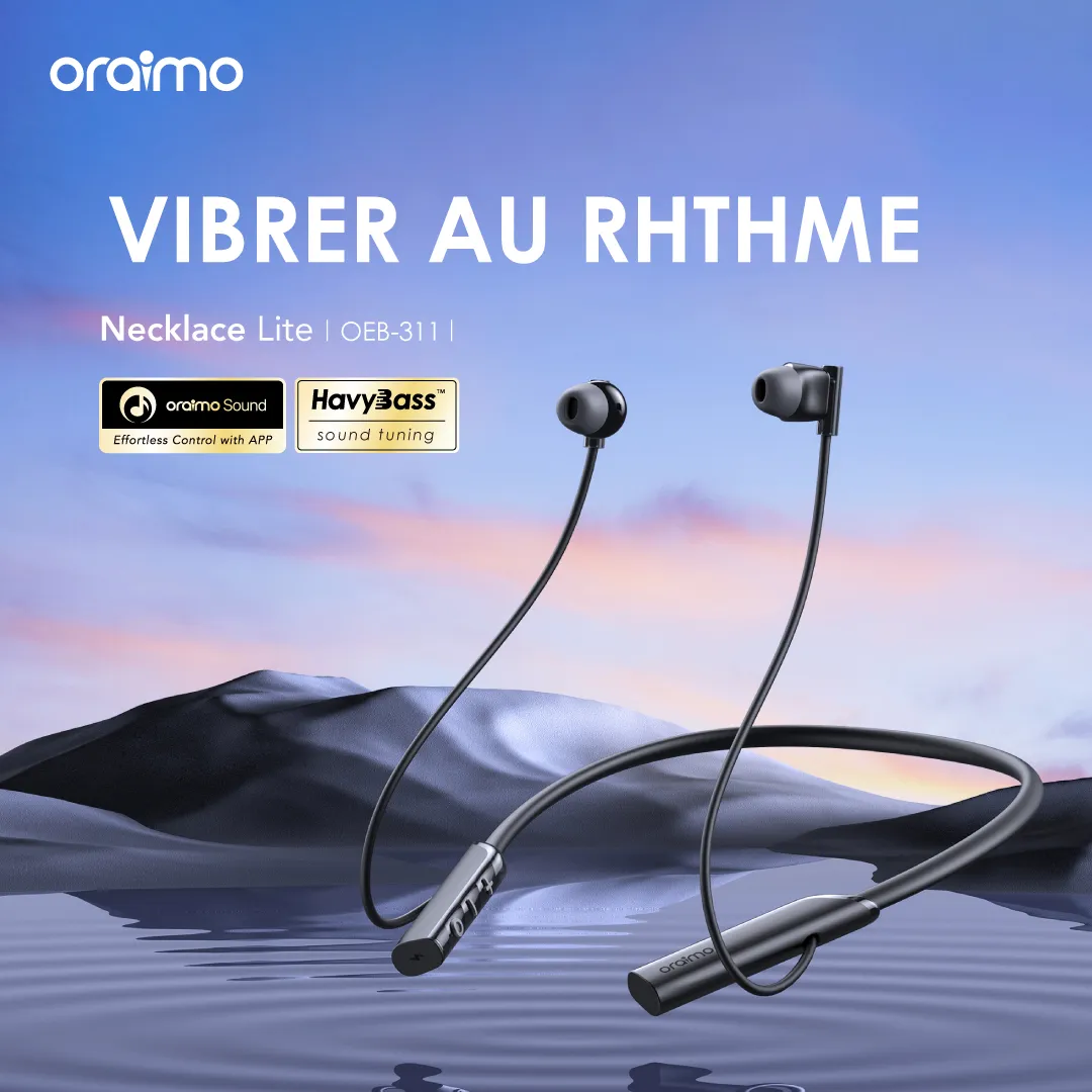 Oraimo Necklace Lite — Autonomie 30H | Basse HavyBass | Livraison Gabon | Kadmarket