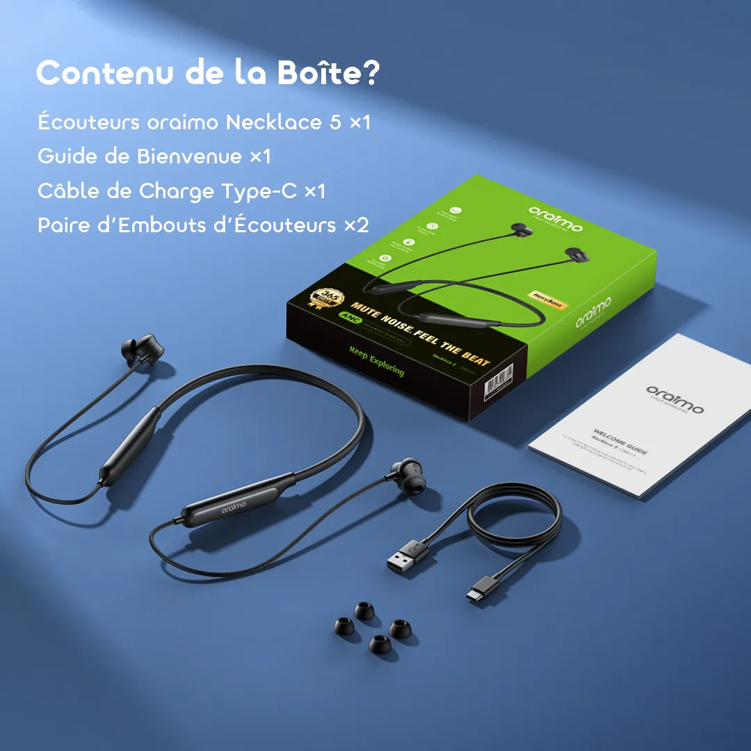 Oraimo Necklace 5 — ANC 30dB | Autonomie 40h | Audio Sound360 | IPX4 | Livraison Gabon | Kadmarket
