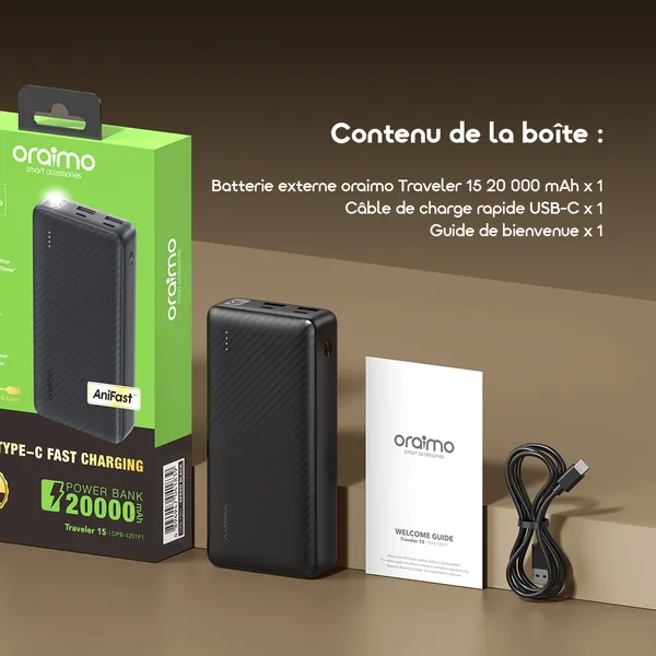Oraimo Traveler 15 OPB-1201P – Batterie externe 20 000 mAh, charge rapide 15 W | Kadmarket Gabon