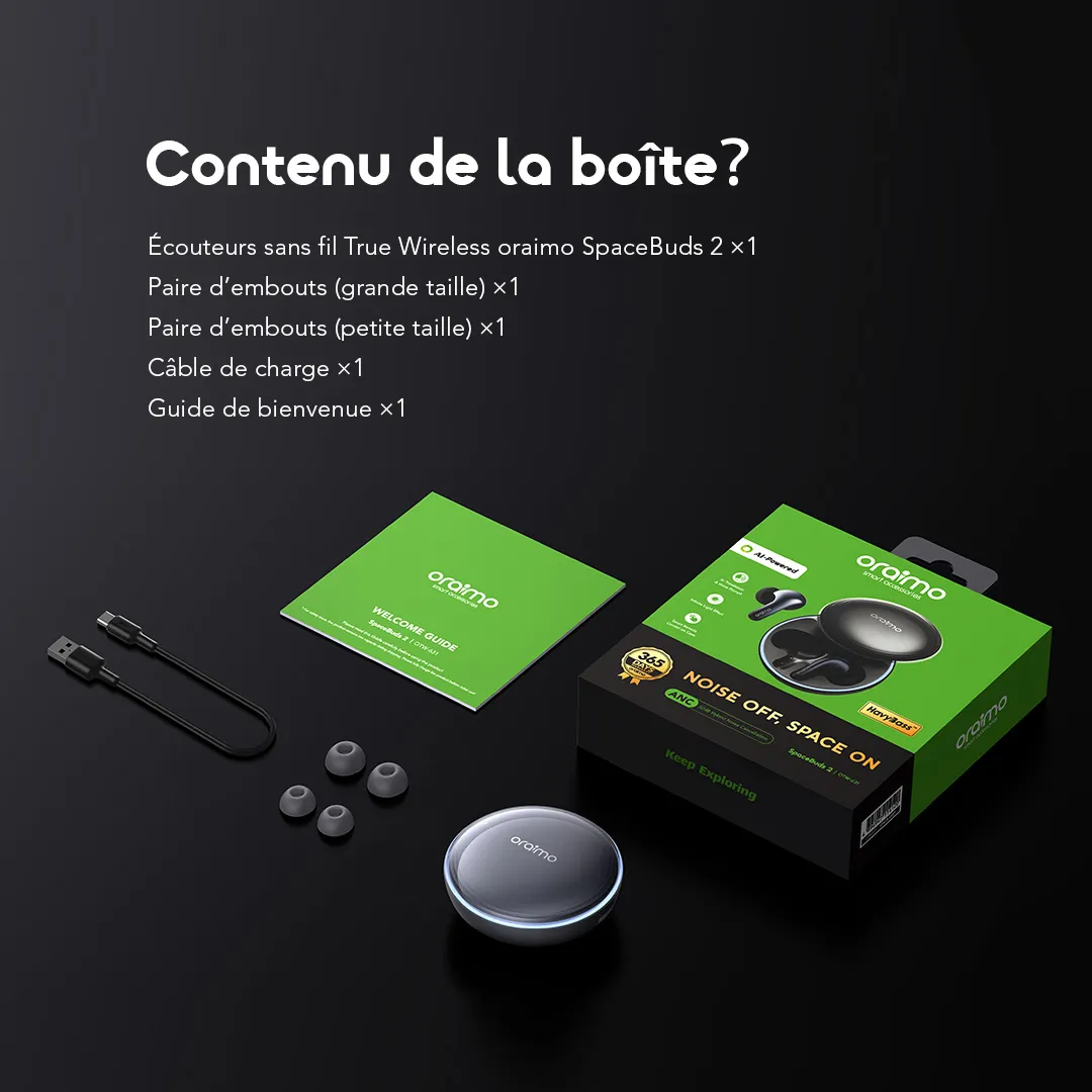 Oraimo SpaceBuds 2 OTW-631 – Écouteurs Bluetooth True Wireless IA ANC 52 dB | Livraison Gabon | Kadmarket
