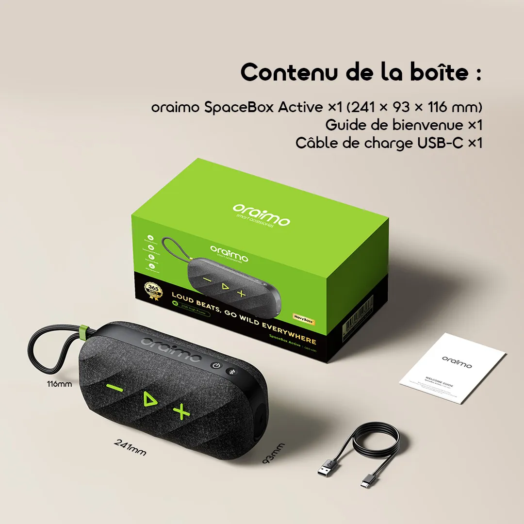 Oraimo SpaceBox Active OBS-680 — Enceinte Bluetooth 25W | HavyBass™ | 14h d'autonomie | Étanche IP55 | Livraison Gabon | Kadmarket