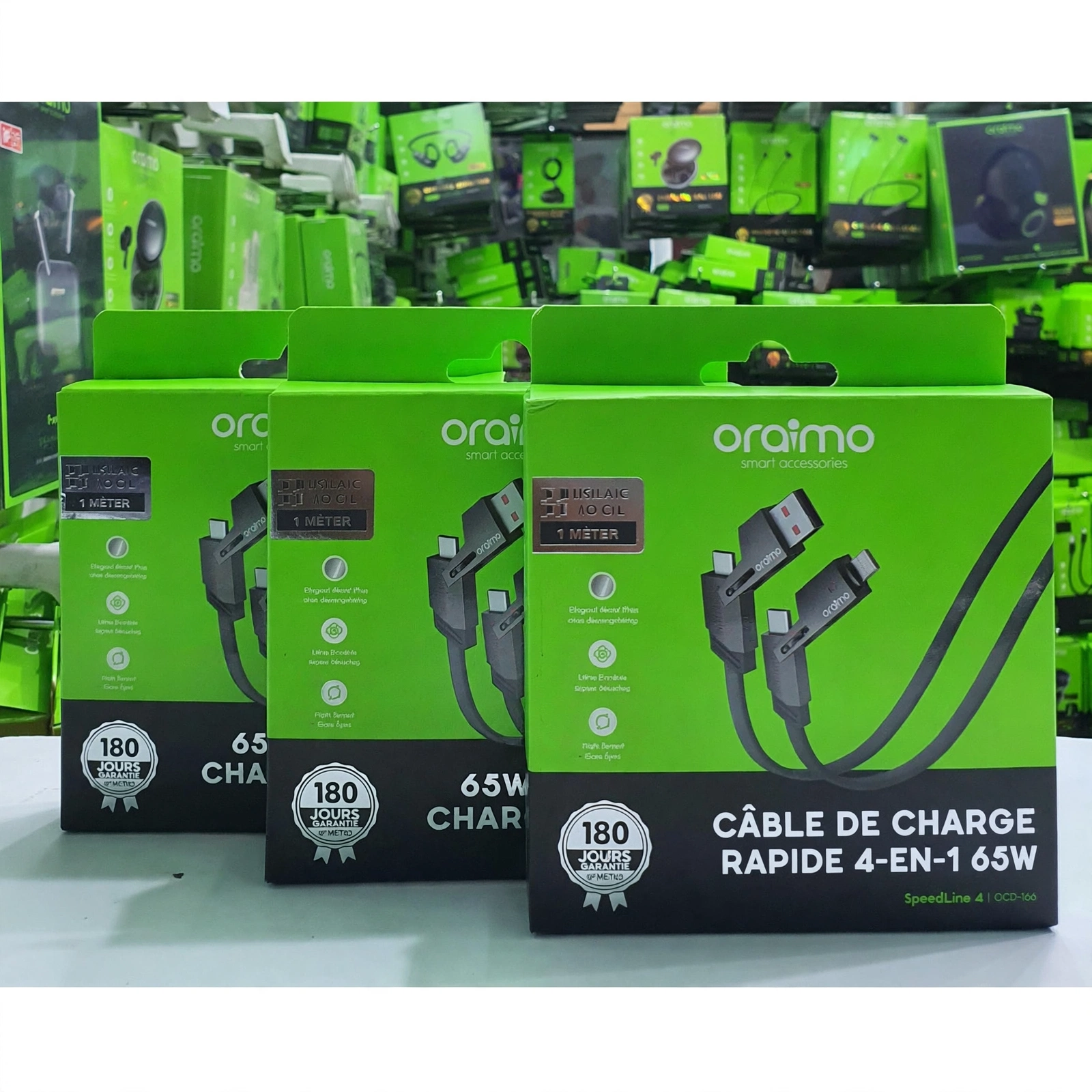 Câble Oraimo SpeedLine 4 — 4-en-1 Type-C & Lightning | Charge rapide 65W | Transfert 480Mbps | 1m Résistant | Livraison Gabon | Kadmarket
