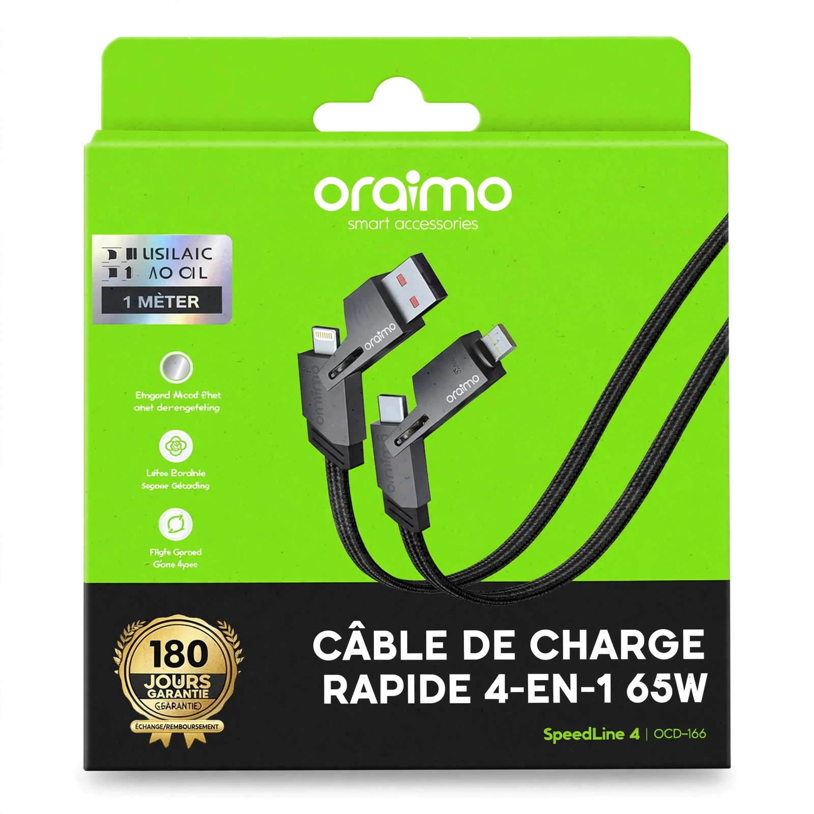 Câble Oraimo SpeedLine 4 — 4-en-1 Type-C & Lightning | Charge rapide 65W | Transfert 480Mbps | 1m Résistant | Livraison Gabon | Kadmarket