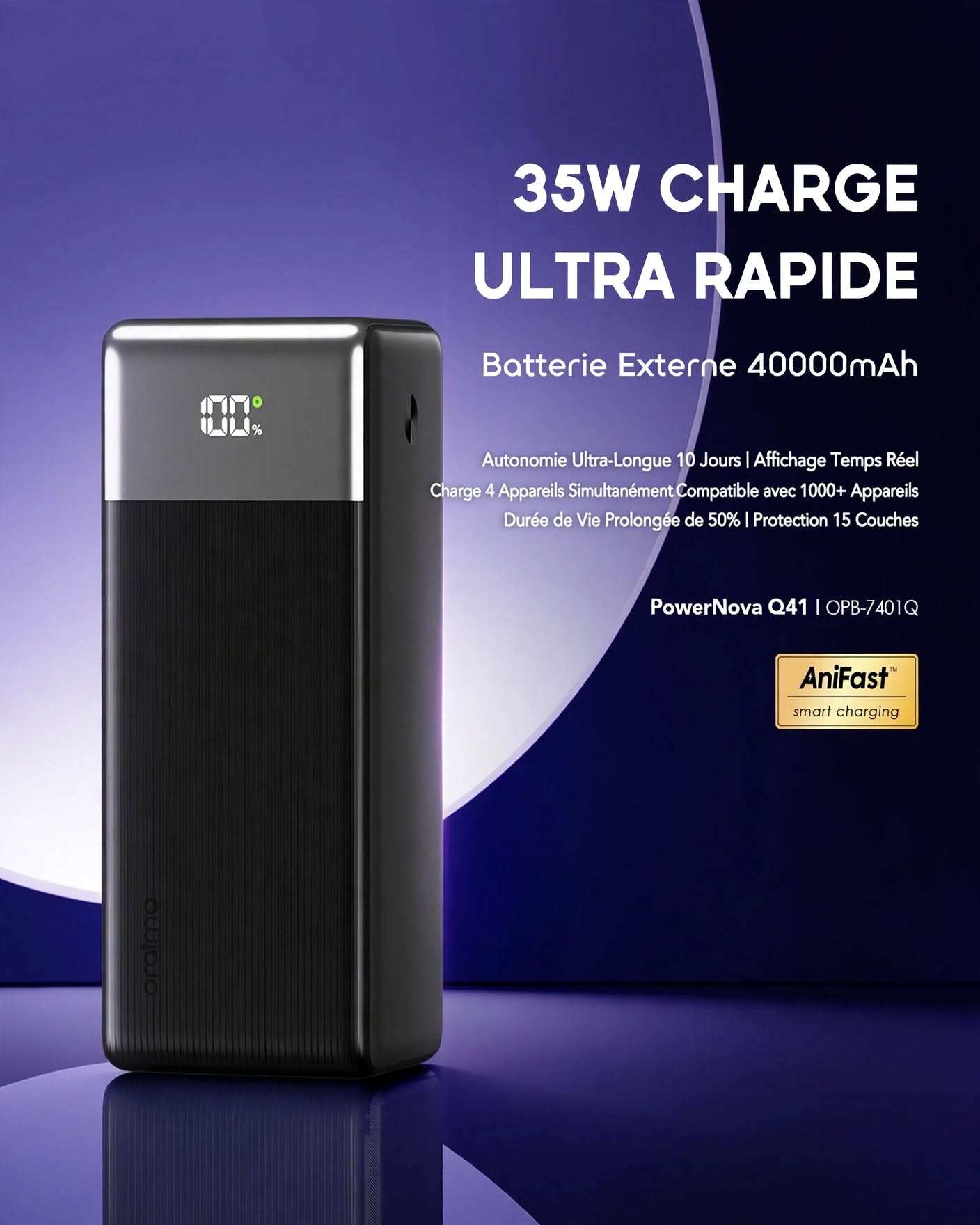 Oraimo PowerNova Q41 OPB-7401Q – Chargeur portable  Batterie externe 40 000 mAh | Charge ultra-rapide 35W | Kadmarket