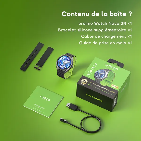 Oraimo Watch Nova 2R — Montre Écran AMOLED 1,43" | Appels HD sans fil | Oxymètre & Cardio | 35 Jours d'Autonomie | Livraison Gabon | Kadmarket
