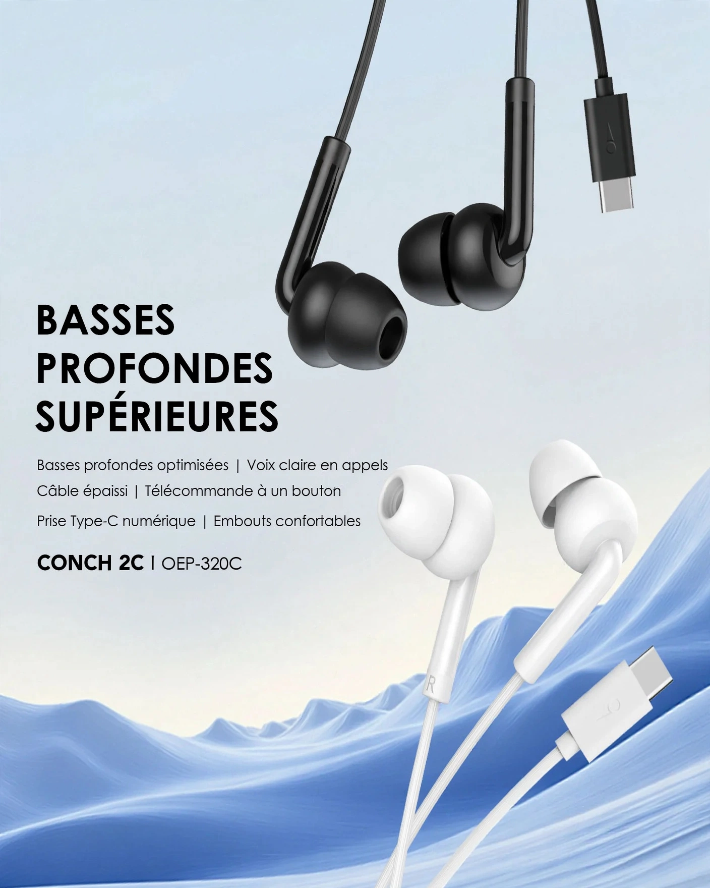 Oraimo CONCH 2C OEP-320C — Écouteurs Type-C | Haut-parleurs 10 mm | Micro intégré | Télécommande 1 bouton | Livraison Gabon | Kadmarket