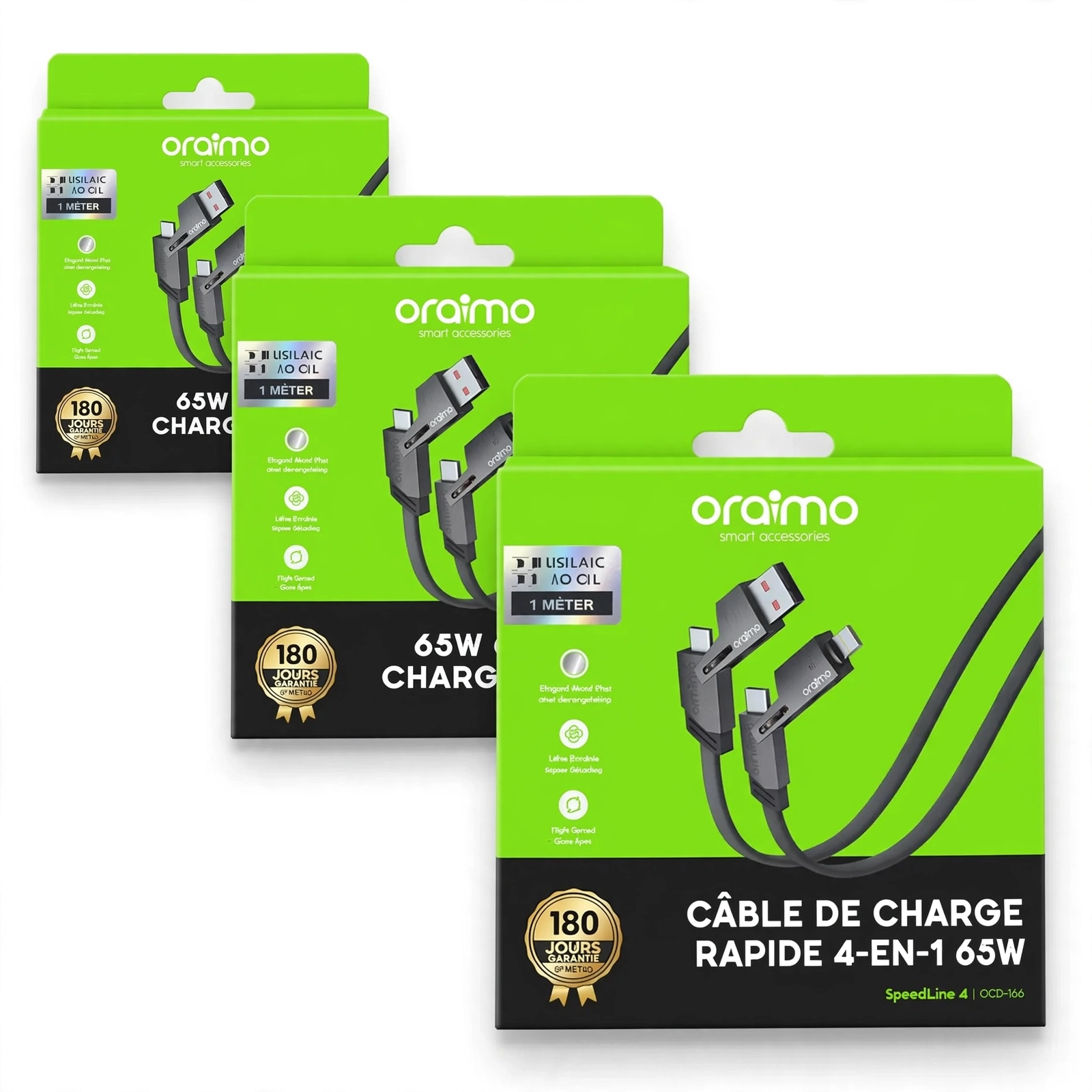 Câble Oraimo SpeedLine 4 — 4-en-1 Type-C & Lightning | Charge rapide 65W | Transfert 480Mbps | 1m Résistant | Livraison Gabon | Kadmarket