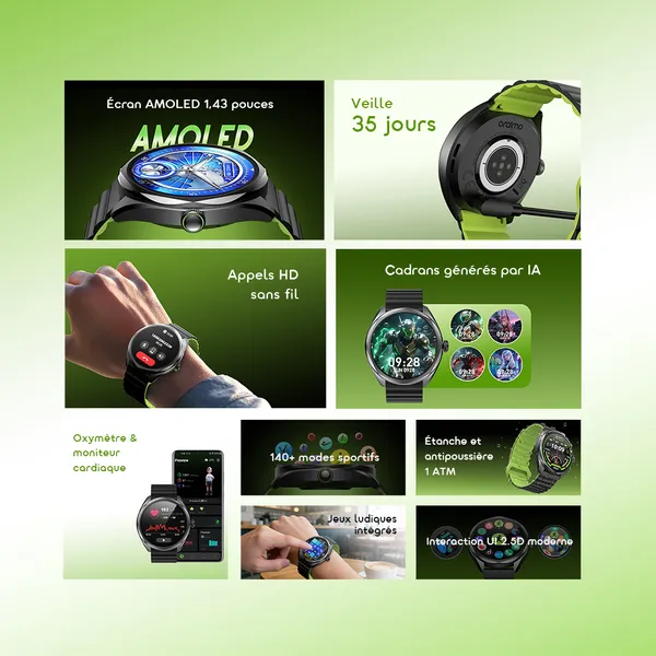 Oraimo Watch Nova 2R — Montre Écran AMOLED 1,43" | Appels HD sans fil | Oxymètre & Cardio | 35 Jours d'Autonomie | Livraison Gabon | Kadmarket