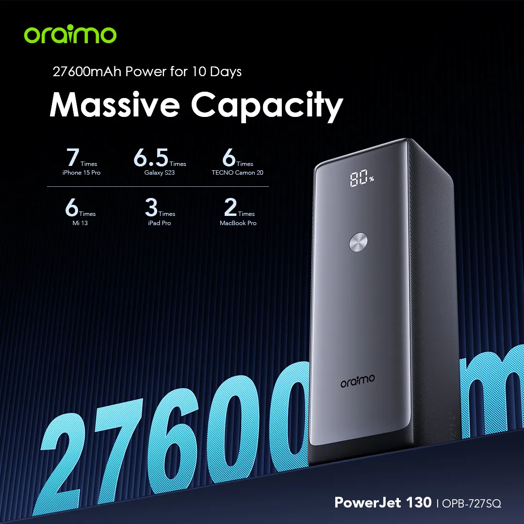 oraimo PowerJet 130 — Power Bank 27600mAh | Charge Rapide PC 130W | Livraison Gabon | Kadmarket