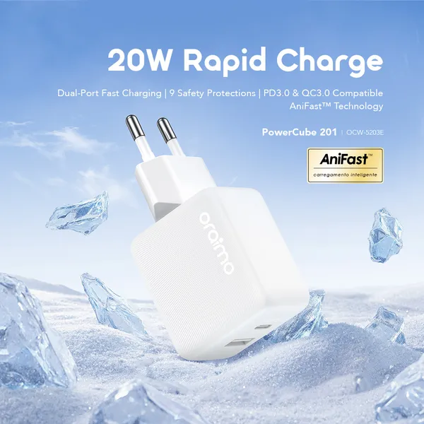 Oraimo PowerCube 201 Chargeur Rapide 20W USB-C PD 3.0 & QC 3.0 | Kadmarket Gabon