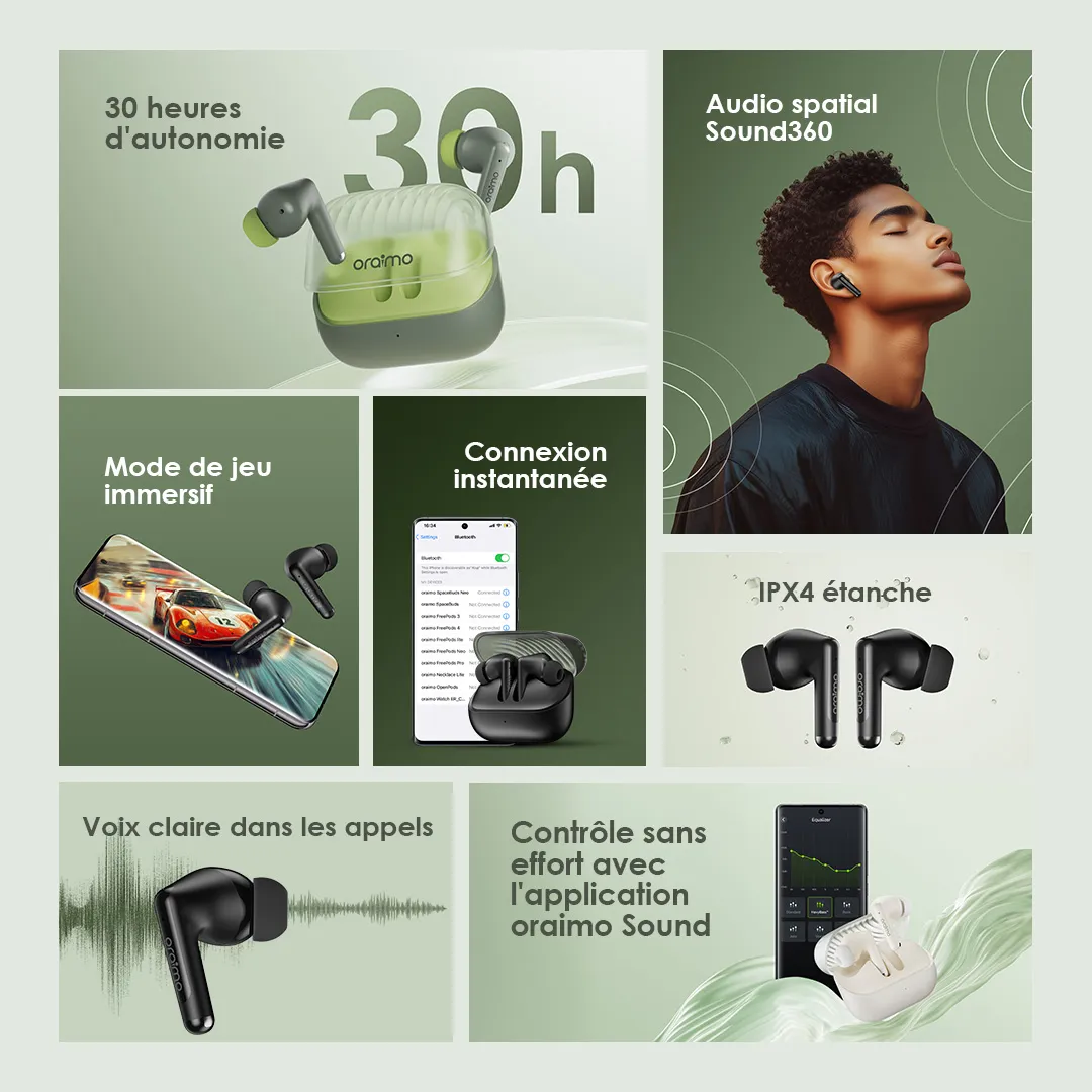 oraimo SpaceBuds Neo OTW-323 – Écouteurs Sans Fil Bluetooth 5.4, Audio Spatial Sound360, 30h Autonomie | Kadmarket Gabon