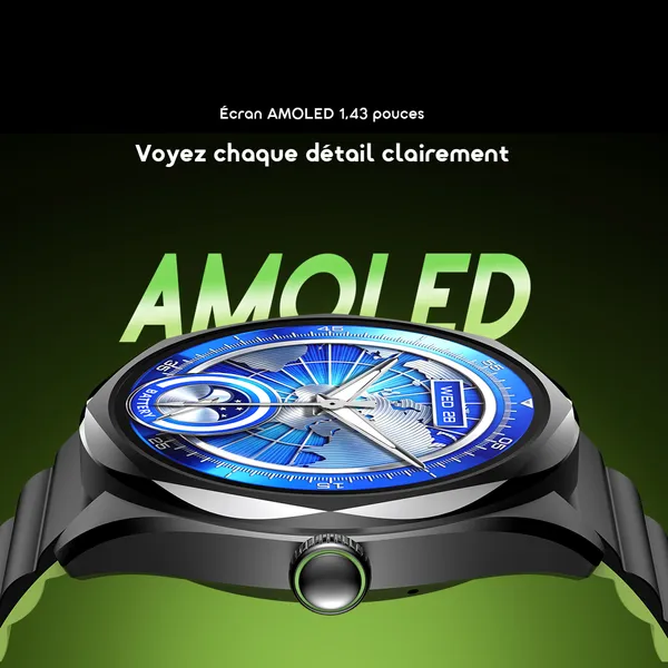 Oraimo Watch Nova 2R — Montre Écran AMOLED 1,43" | Appels HD sans fil | Oxymètre & Cardio | 35 Jours d'Autonomie | Livraison Gabon | Kadmarket
