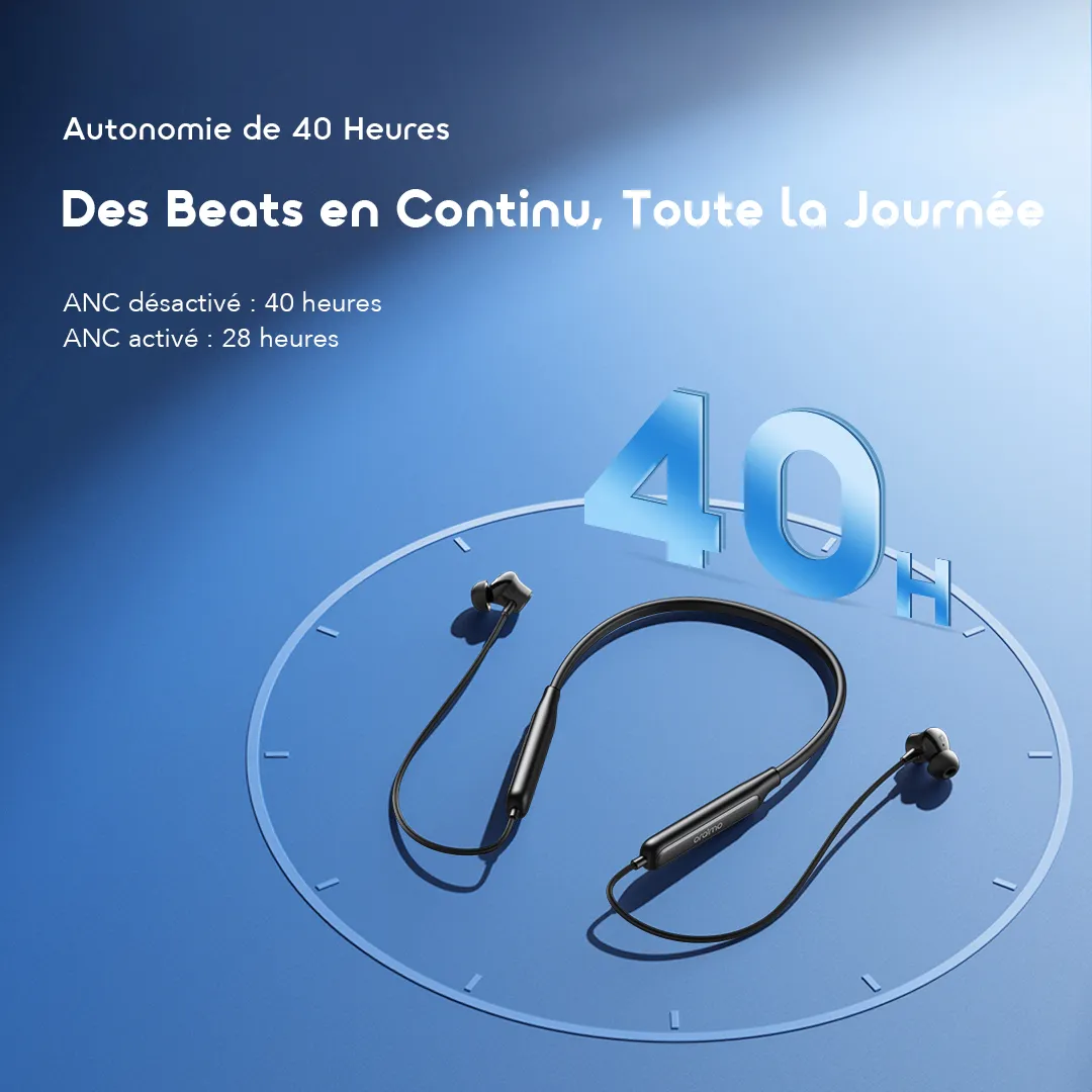 Oraimo Necklace 5 — ANC 30dB | Autonomie 40h | Audio Sound360 | IPX4 | Livraison Gabon | Kadmarket
