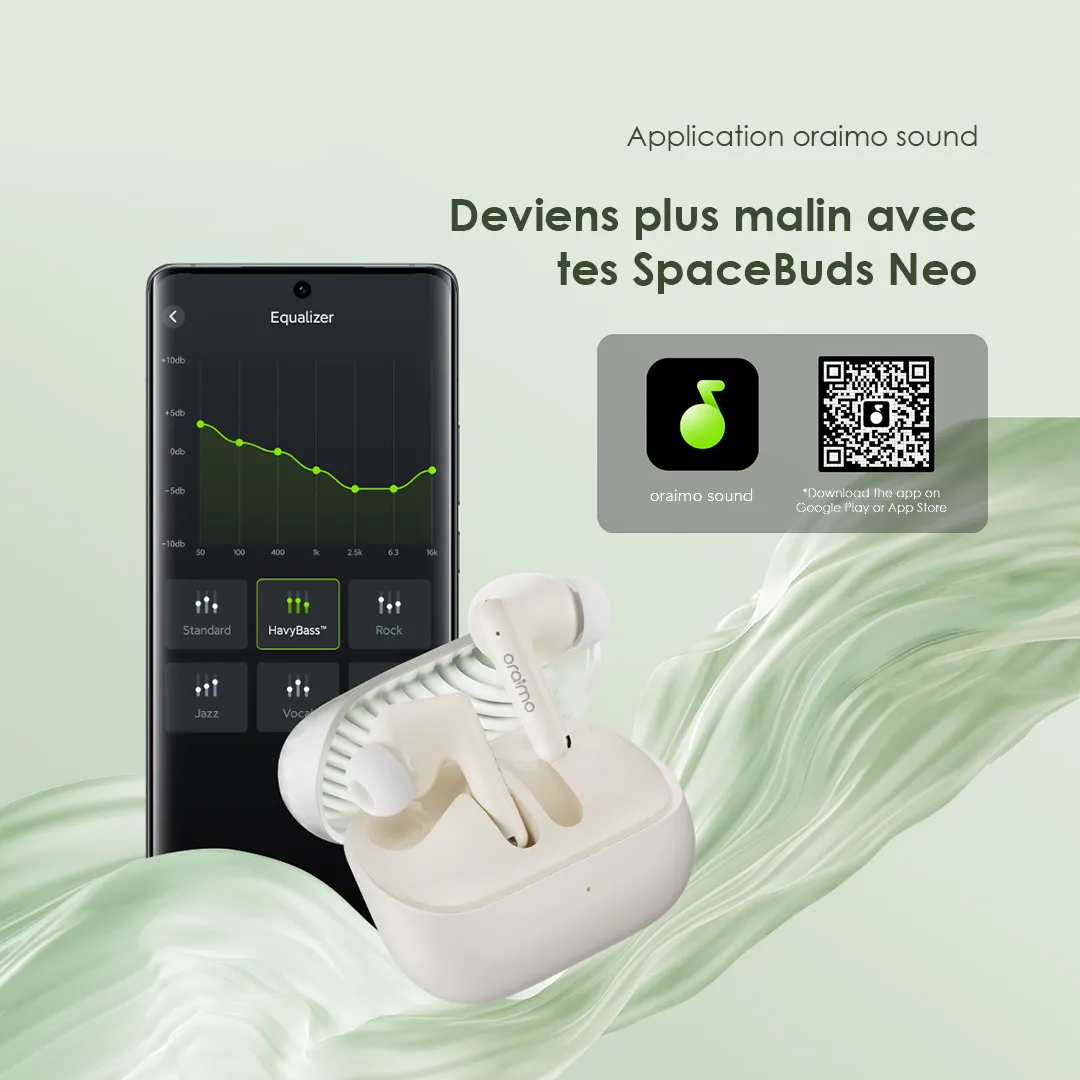 oraimo SpaceBuds Neo OTW-323 – Écouteurs Sans Fil Bluetooth 5.4, Audio Spatial Sound360, 30h Autonomie | Kadmarket Gabon