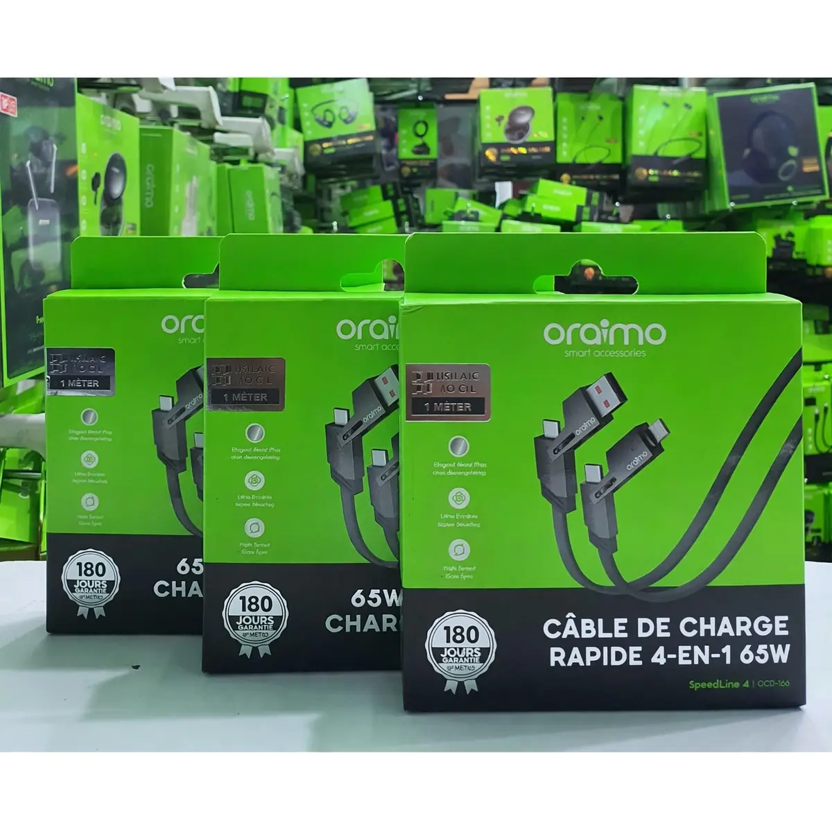 Câble Oraimo SpeedLine 4 — 4-en-1 Type-C & Lightning | Charge rapide 65W | Transfert 480Mbps | 1m Résistant | Livraison Gabon | Kadmarket