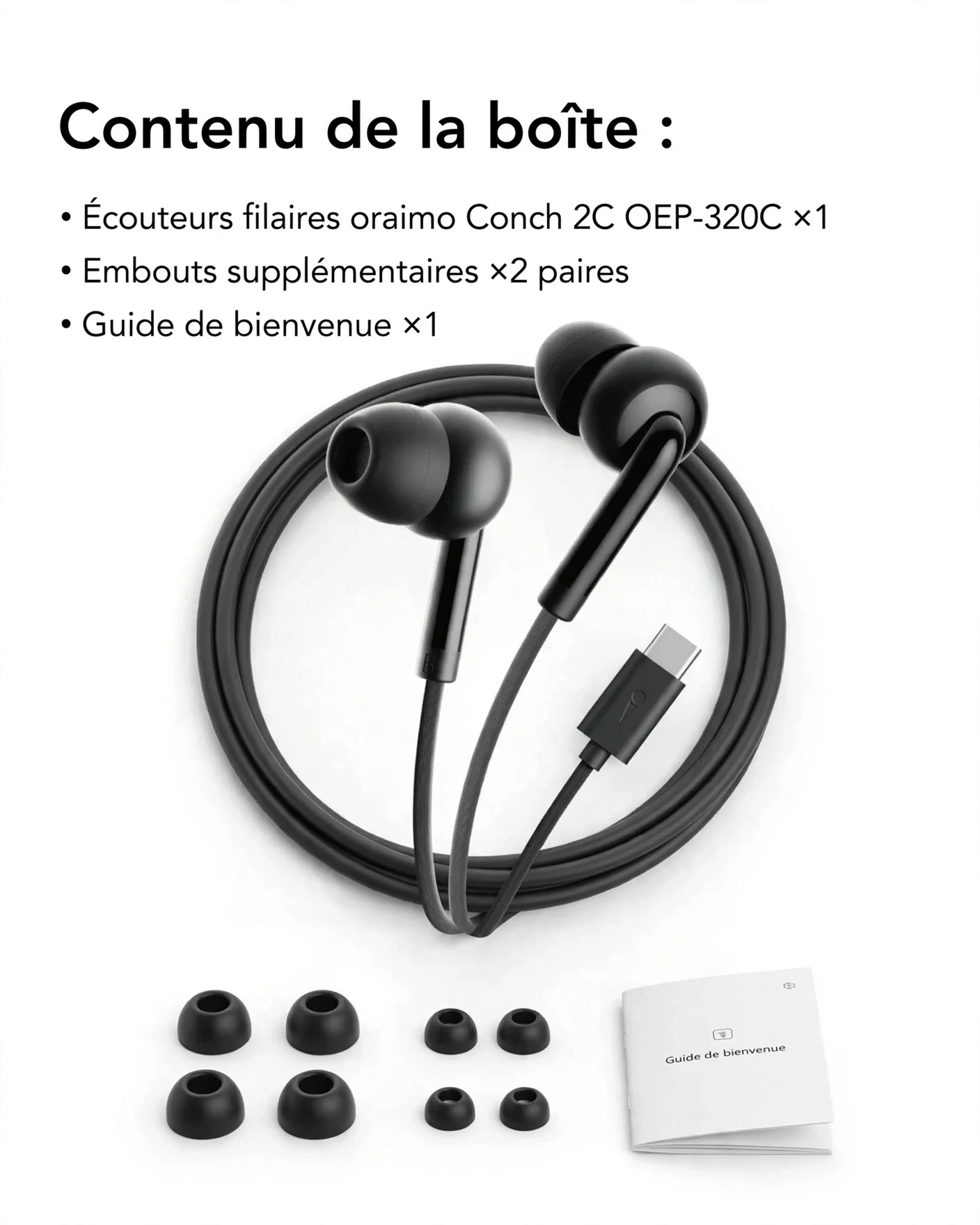 Oraimo CONCH 2C OEP-320C — Écouteurs Type-C | Haut-parleurs 10 mm | Micro intégré | Télécommande 1 bouton | Livraison Gabon | Kadmarket